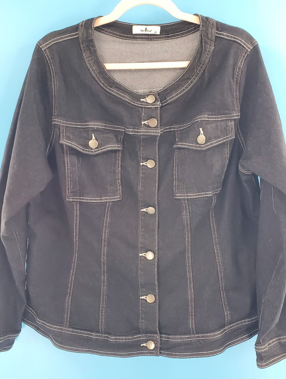 Black stretch denim jacket white stitching 1X